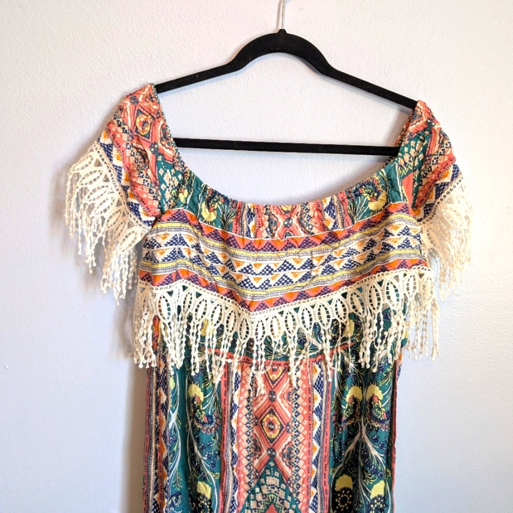 Vintage Boho cap sleeve, off the shoulder maxi dress with fringe medium